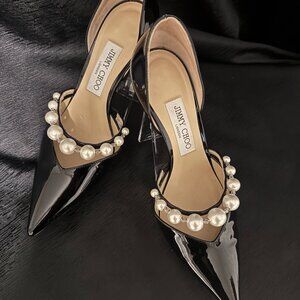 Luxury Jimmy Choo Aurelie Black Patient w/ White Pearls Pointed Toe Pumps